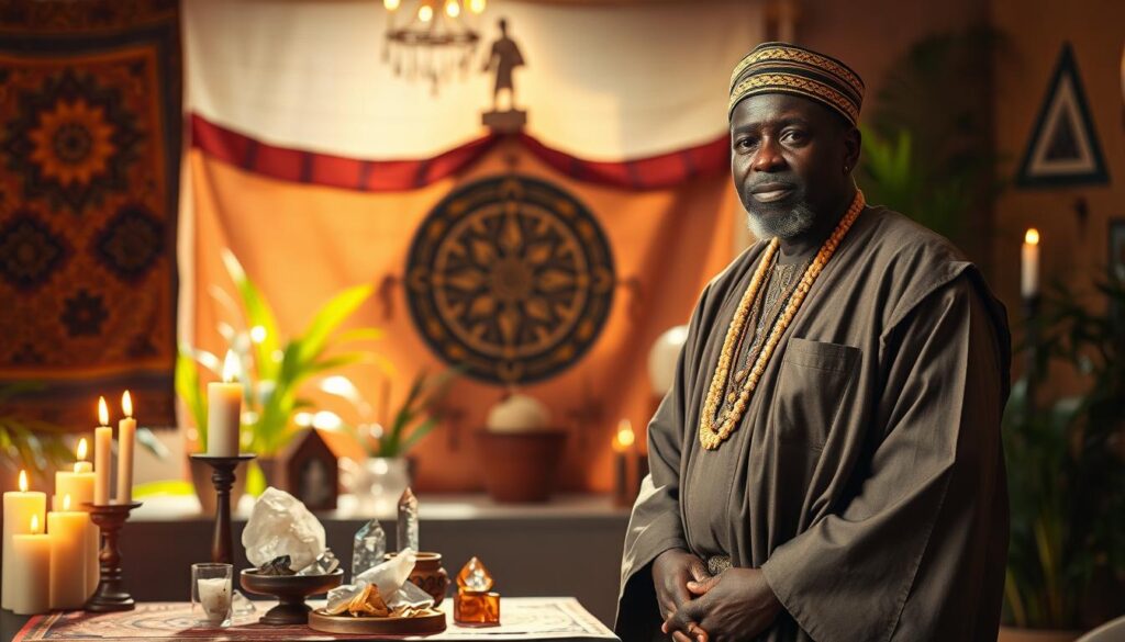 A warm, inviting scene depicting Grand Maître Luc, an African spiritual leader in a traditional setting. In the foreground, he stands confidently, dressed in elegant, modest traditional attire, exuding wisdom and serenity. His wise demeanor is complemented by a backdrop of vibrant African textiles and spiritual symbols. The middle ground features a table adorned with crystals and candles, reflecting a warm glow from soft, flickering candlelight. The background showcases lush greenery and soft, ethereal light filtering through, creating a peaceful atmosphere. The image captures a spiritual ambiance, emphasizing trust and connection, with a slight lens flare to add depth. The mood is calm and inviting, encouraging viewers to seek guidance and support for their spiritual needs. A warm, inviting scene depicting Grand Maître Luc, an African spiritual leader in a traditional setting. In the foreground, he stands confidently, dressed in elegant, modest traditional attire, exuding wisdom and serenity. His wise demeanor is complemented by a backdrop of vibrant African textiles and spiritual symbols. The middle ground features a table adorned with crystals and candles, reflecting a warm glow from soft, flickering candlelight. The background showcases lush greenery and soft, ethereal light filtering through, creating a peaceful atmosphere. The image captures a spiritual ambiance, emphasizing trust and connection, with a slight lens flare to add depth. The mood is calm and inviting, encouraging viewers to seek guidance and support for their spiritual needs.