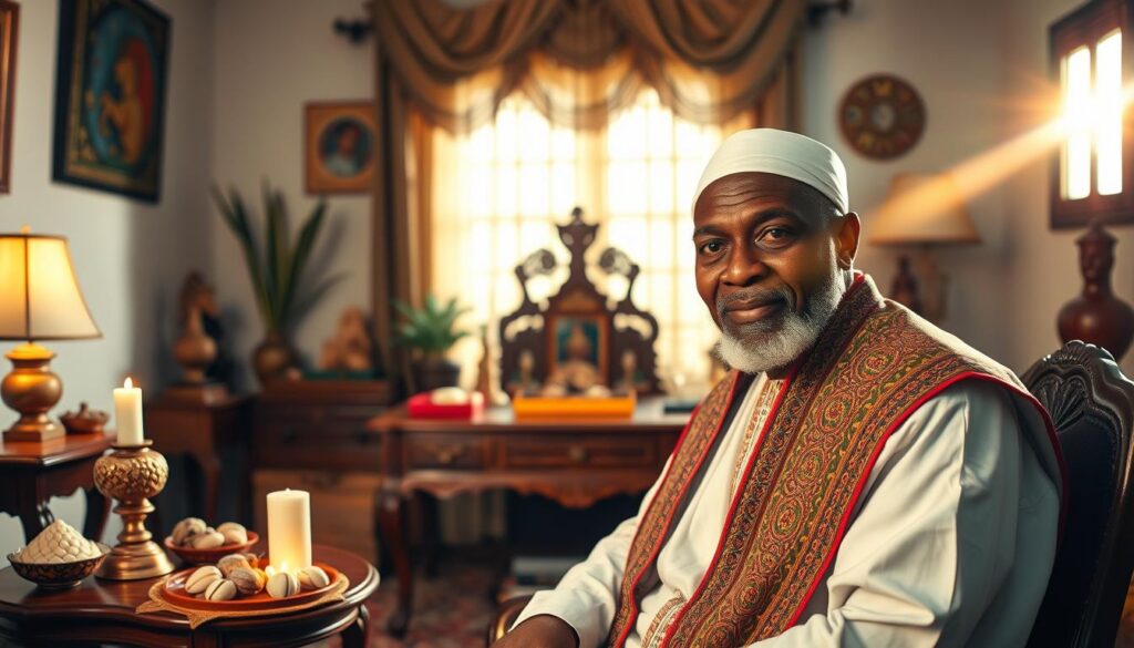 A wise and charismatic marabout seated in a serene office adorned with traditional African artifacts. In the foreground, the marabout, an older male with a gentle expression, wears a crisp white tunic and a colorful patterned shawl, symbolizing wisdom and power. In the middle ground, a richly decorated wooden desk holds various ritual items, such as cowrie shells, fragrant incense, and candles, creating an inviting atmosphere. The background features soft ambient lighting, enhancing the mystical vibe without overwhelming the scene. A subtle lens flare from a nearby window bathes the room in warm, golden light. The overall mood is tranquil yet empowering, embodying a sense of spiritual guidance and expertise in solving emotional issues. A wise and charismatic marabout seated in a serene office adorned with traditional African artifacts. In the foreground, the marabout, an older male with a gentle expression, wears a crisp white tunic and a colorful patterned shawl, symbolizing wisdom and power. In the middle ground, a richly decorated wooden desk holds various ritual items, such as cowrie shells, fragrant incense, and candles, creating an inviting atmosphere. The background features soft ambient lighting, enhancing the mystical vibe without overwhelming the scene. A subtle lens flare from a nearby window bathes the room in warm, golden light. The overall mood is tranquil yet empowering, embodying a sense of spiritual guidance and expertise in solving emotional issues.