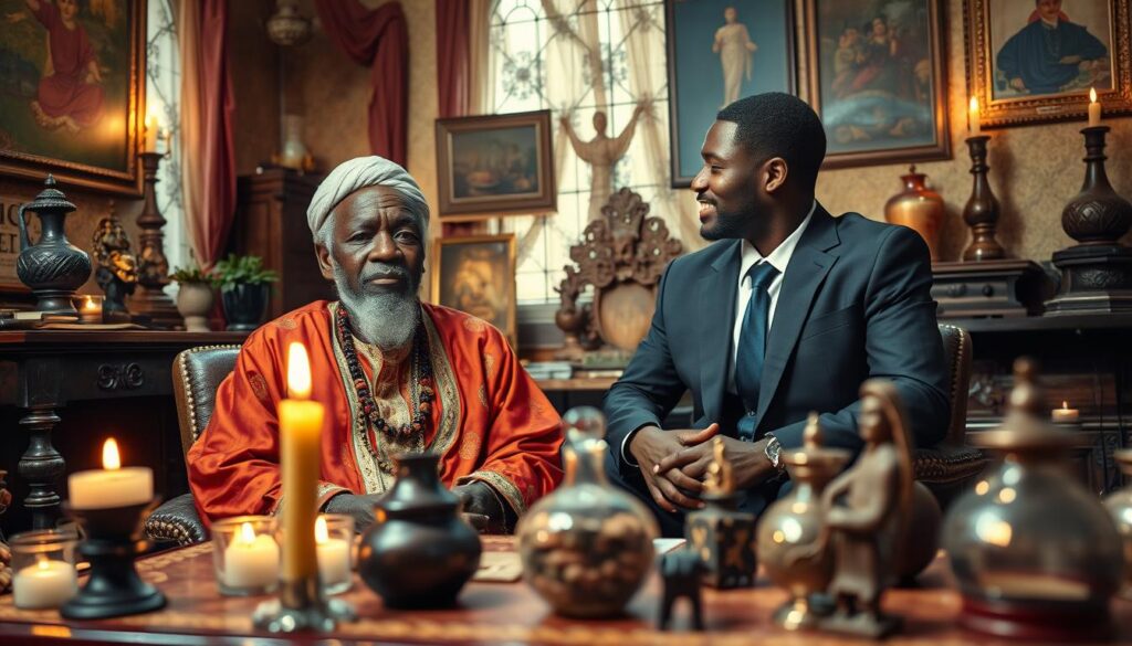 A wise and dignified Grand Maître Luc, an elderly Beninese marabout, sits in a beautifully adorned room filled with traditional artifacts and spiritual symbols. His deep, thoughtful eyes convey knowledge and compassion, while he wears an elegant, brightly colored robe that reflects his cultural heritage. In the foreground, various items like candles, herbs, and talismans are arranged on a wooden table, suggesting a mystical atmosphere. The middle ground features Luc engaged in a focused conversation with a young, professional-looking individual dressed in business attire, highlighting mentorship. In the background, soft, warm lighting illuminates the space, casting gentle shadows that create a serene ambiance. A sense of hope and prosperity fills the scene, embodying the guidance of the marabout in achieving success.