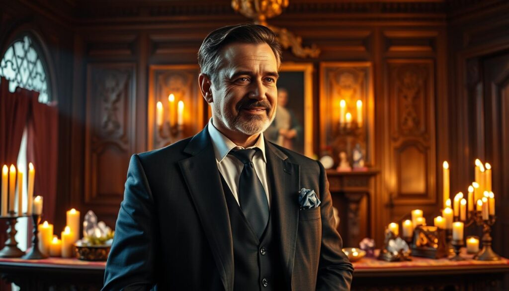 A wise and dignified Grand Maître Luc, the esteemed marabout, stands confidently in the foreground. He wears a tailored, elegant business suit in rich dark tones, exuding an air of professionalism and respect. His thoughtful expression showcases wisdom and strength, with a gentle smile that invites trust. Surrounding him in the middle ground are symbolic elements of his trade: candles, mystical crystals, and a beautifully adorned table displaying various talismans, all softly illuminated by warm, flickering candlelight. In the background, an ornate room with rich wooden details and soft, atmospheric lighting creates a serene and mystical ambiance, reminiscent of a traditional marabout's space. The image captures a harmonious blend of reverence and calm, encapsulating the essence of Grand Maître Luc's character and expertise. A wise and dignified Grand Maître Luc, the esteemed marabout, stands confidently in the foreground. He wears a tailored, elegant business suit in rich dark tones, exuding an air of professionalism and respect. His thoughtful expression showcases wisdom and strength, with a gentle smile that invites trust. Surrounding him in the middle ground are symbolic elements of his trade: candles, mystical crystals, and a beautifully adorned table displaying various talismans, all softly illuminated by warm, flickering candlelight. In the background, an ornate room with rich wooden details and soft, atmospheric lighting creates a serene and mystical ambiance, reminiscent of a traditional marabout's space. The image captures a harmonious blend of reverence and calm, encapsulating the essence of Grand Maître Luc's character and expertise.