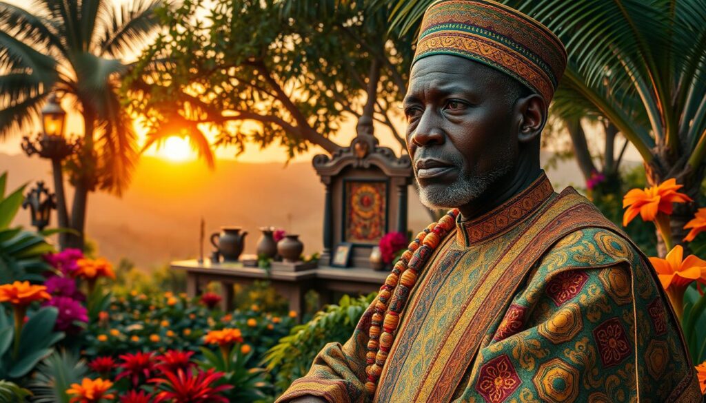 A wise and dignified Grandmaster marabout named Luc, depicted in the foreground, wearing elegant traditional West African attire, adorned with intricate, colorful patterns. He sits thoughtfully in a lush garden filled with vivid, blooming tropical plants and trees. In the middle ground, an ornate shrine displays various magical artifacts like talismans and herbs, hinting at his expertise. The background features a serene landscape with a soft sunset casting warm golden hues, creating a calm and inviting atmosphere. The lighting should highlight the textures of Luc's attire and the vibrant colors of the surroundings. Capture a close-up angle that showcases his contemplative expression, emphasizing wisdom and experience. The overall mood is one of reverence and harmony, reflecting his esteemed reputation within the marabout community. A wise and dignified Grandmaster marabout named Luc, depicted in the foreground, wearing elegant traditional West African attire, adorned with intricate, colorful patterns. He sits thoughtfully in a lush garden filled with vivid, blooming tropical plants and trees. In the middle ground, an ornate shrine displays various magical artifacts like talismans and herbs, hinting at his expertise. The background features a serene landscape with a soft sunset casting warm golden hues, creating a calm and inviting atmosphere. The lighting should highlight the textures of Luc's attire and the vibrant colors of the surroundings. Capture a close-up angle that showcases his contemplative expression, emphasizing wisdom and experience. The overall mood is one of reverence and harmony, reflecting his esteemed reputation within the marabout community.