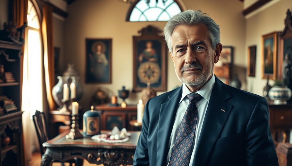 A wise and distinguished figure, Grand Maître Luc, stands confidently in the foreground, dressed in a tailored navy blue suit and tie, exhibiting a calm and authoritative presence. His facial features reflect both kindness and intensity, with neatly styled gray hair and a thoughtful expression. In the middle ground, an ornate wooden table with traditional marabout tools like candles and crystals is elegantly arranged. The background features a softly lit room adorned with cultural artifacts and mystical elements, creating a serene ambiance. The lighting is warm and inviting, with natural light filtering through a large window, casting gentle shadows. The overall atmosphere conveys a sense of wisdom and professionalism, suitable for a marabout in a tranquil setting. A wise and distinguished figure, Grand Maître Luc, stands confidently in the foreground, dressed in a tailored navy blue suit and tie, exhibiting a calm and authoritative presence. His facial features reflect both kindness and intensity, with neatly styled gray hair and a thoughtful expression. In the middle ground, an ornate wooden table with traditional marabout tools like candles and crystals is elegantly arranged. The background features a softly lit room adorned with cultural artifacts and mystical elements, creating a serene ambiance. The lighting is warm and inviting, with natural light filtering through a large window, casting gentle shadows. The overall atmosphere conveys a sense of wisdom and professionalism, suitable for a marabout in a tranquil setting.
