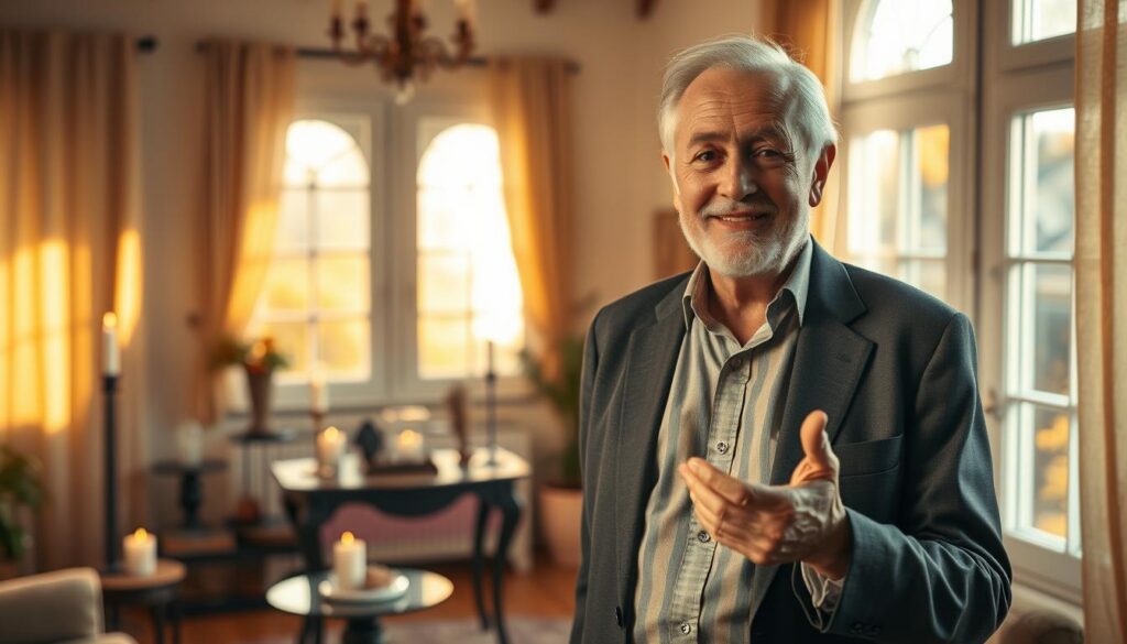 An elderly, wise spiritual guide named Grand Maître Luc, wearing elegant yet modest business attire, stands confidently in a serene, softly lit room filled with symbols of spirituality, such as candles and crystals. In the foreground, Luc, with a gentle smile and wise eyes, gestures with his hand as if sharing profound knowledge. The middle ground showcases a small table adorned with mystical artifacts, and in the background, windows allow warm, golden sunlight to filter through, creating a tranquil and inviting atmosphere. The composition is framed in a slightly angled view, capturing an essence of enlightenment and guidance, evoking a sense of trust and spiritual wisdom. The mood is calm and supportive, ideal for reflecting the importance of mentorship on a spiritual journey. An elderly, wise spiritual guide named Grand Maître Luc, wearing elegant yet modest business attire, stands confidently in a serene, softly lit room filled with symbols of spirituality, such as candles and crystals. In the foreground, Luc, with a gentle smile and wise eyes, gestures with his hand as if sharing profound knowledge. The middle ground showcases a small table adorned with mystical artifacts, and in the background, windows allow warm, golden sunlight to filter through, creating a tranquil and inviting atmosphere. The composition is framed in a slightly angled view, capturing an essence of enlightenment and guidance, evoking a sense of trust and spiritual wisdom. The mood is calm and supportive, ideal for reflecting the importance of mentorship on a spiritual journey.