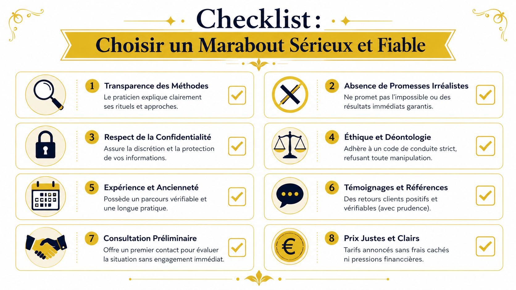 Check-list illustrée pour bien choisir un marabout africain sérieux, fiable et éthique à Toulouse.