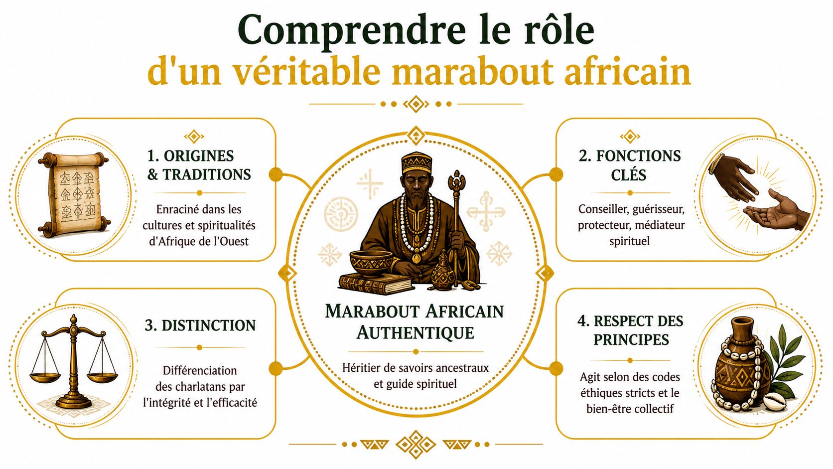 Infographie expliquant le rôle, les origines et les principes éthiques d'un véritable marabout africain traditionnel.