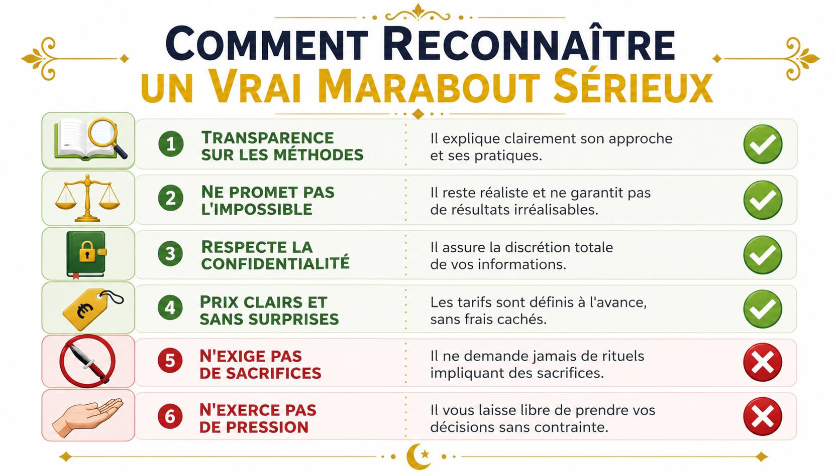 Infographie illustrant six critères essentiels pour identifier un marabout sérieux et honnête dans ses pratiques professionnelles.