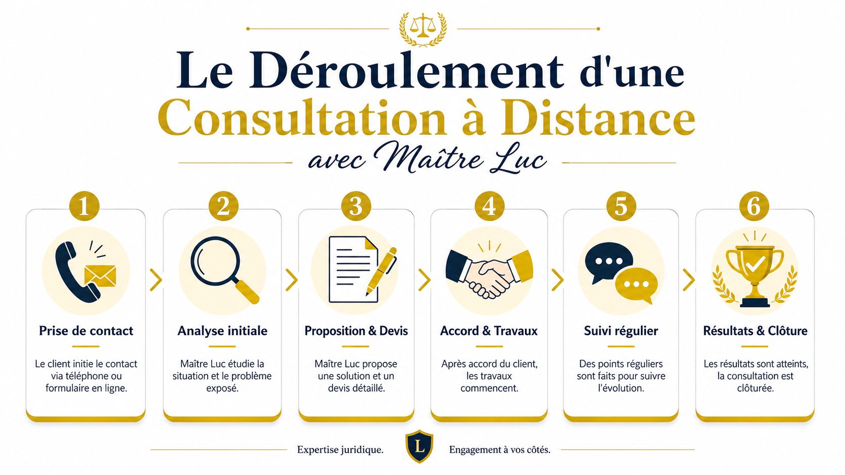 Infographie illustrant les six étapes du déroulement d'une consultation juridique à distance avec Maître Luc.