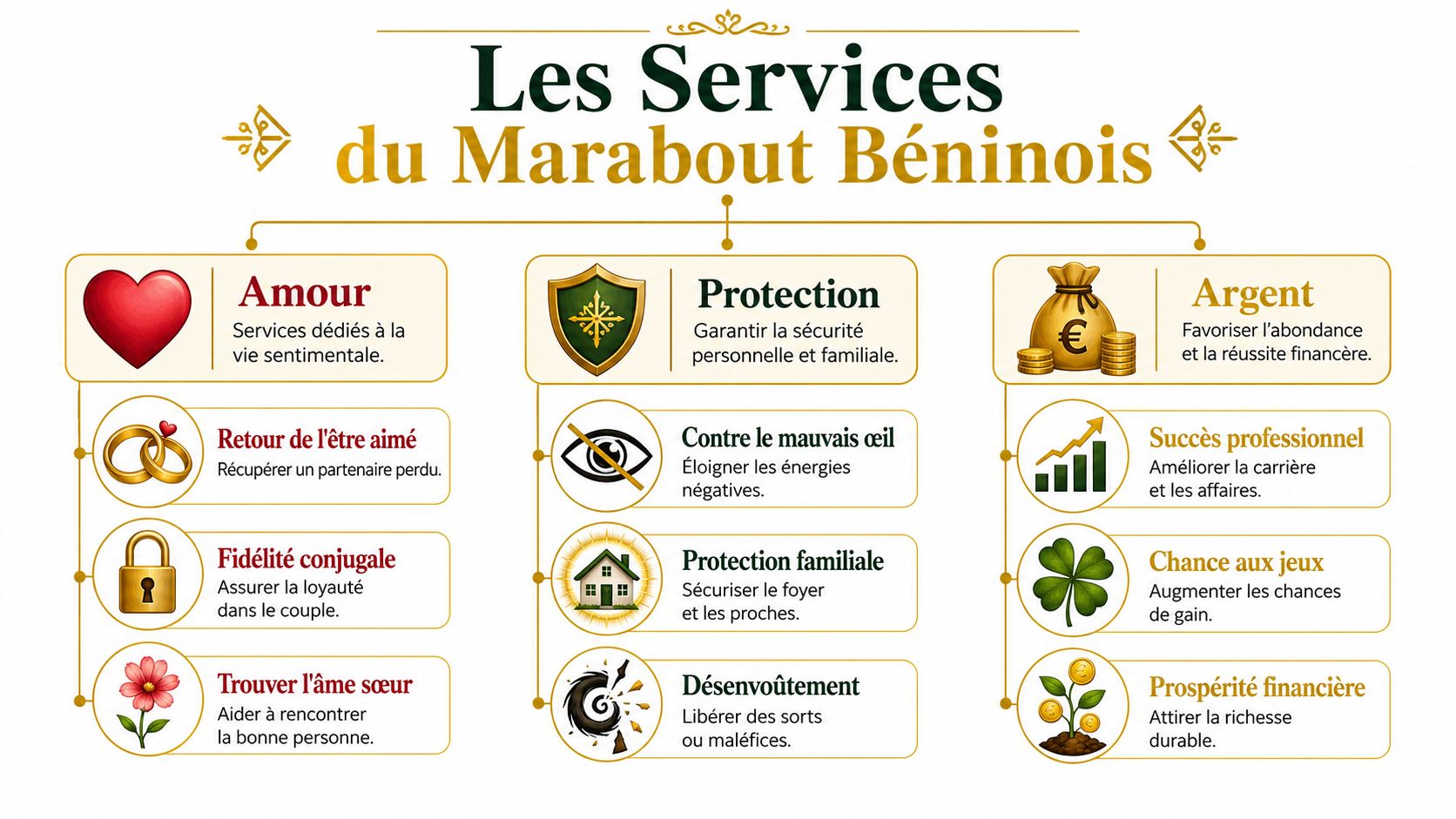Tableau présentant les services du marabout béninois, incluant l'amour, la protection, et la prospérité financière.