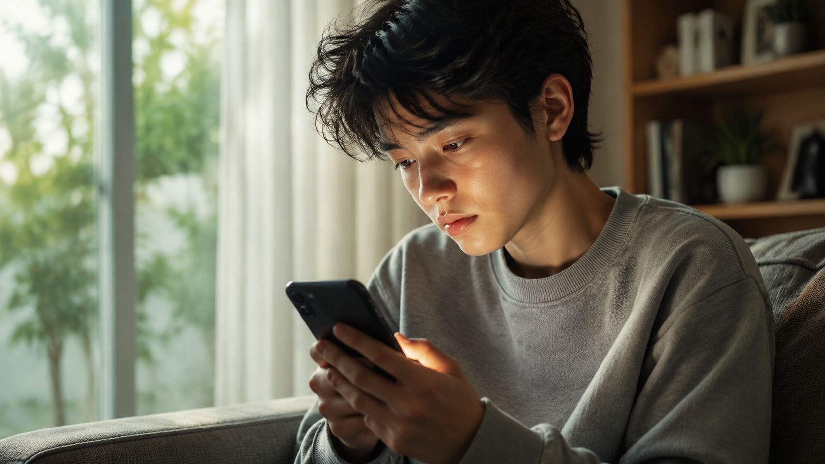 Un jeune homme concentré utilise son téléphone portable assis sur un canapé dans une pièce lumineuse.