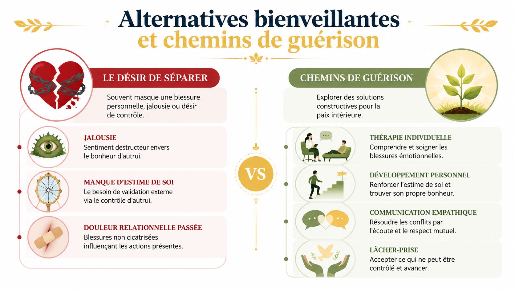 Séparer un couple rituel: risques et alternatives 2026 Infographie comparant le désir de séparation aux chemins de guérison pour le bien-être émotionnel et relationnel.