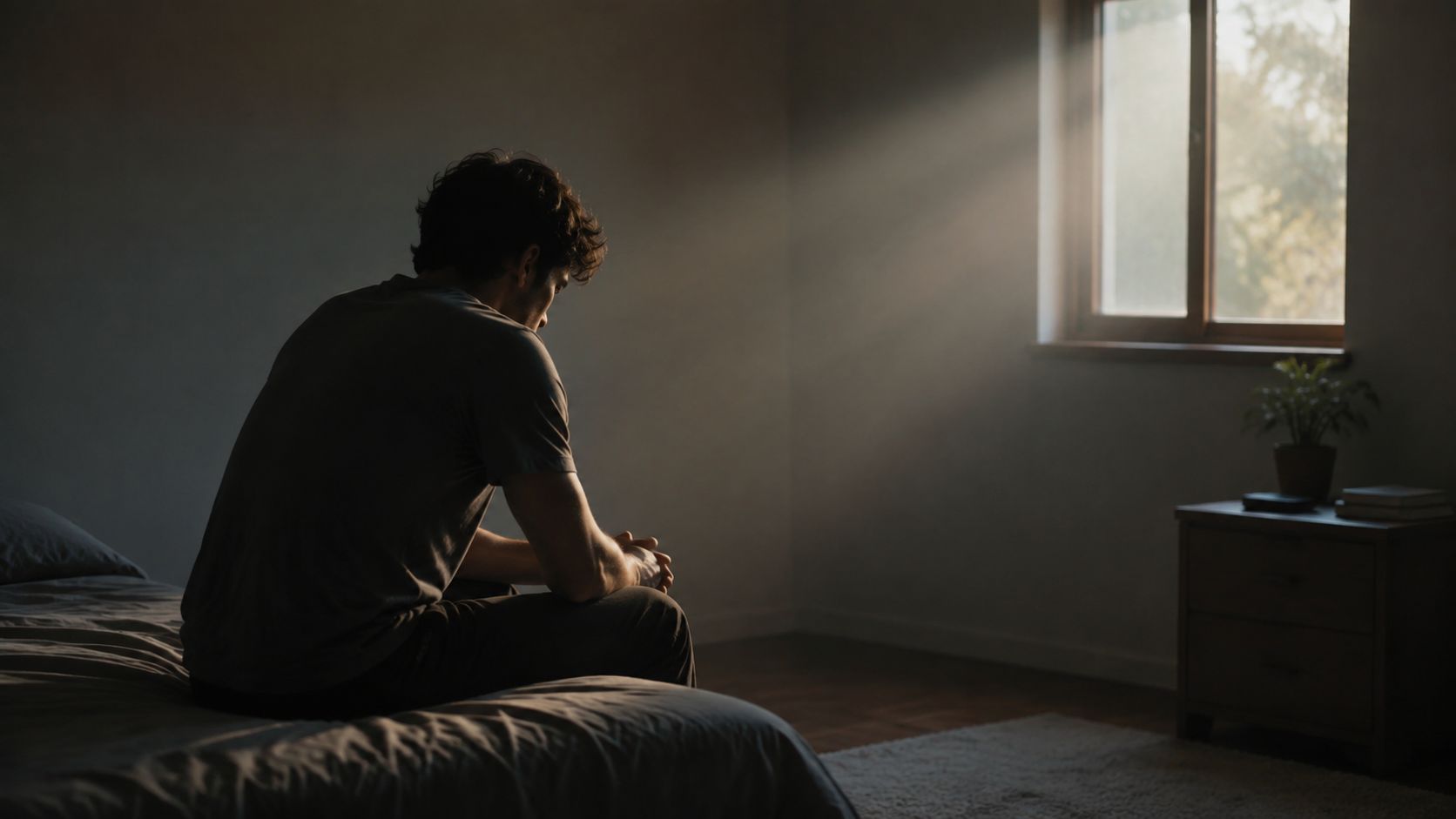 Séparer un couple rituel: risques et alternatives 2026 Un homme seul et triste assis sur son lit, baigné dans une lumière tamisée près d'une fenêtre.