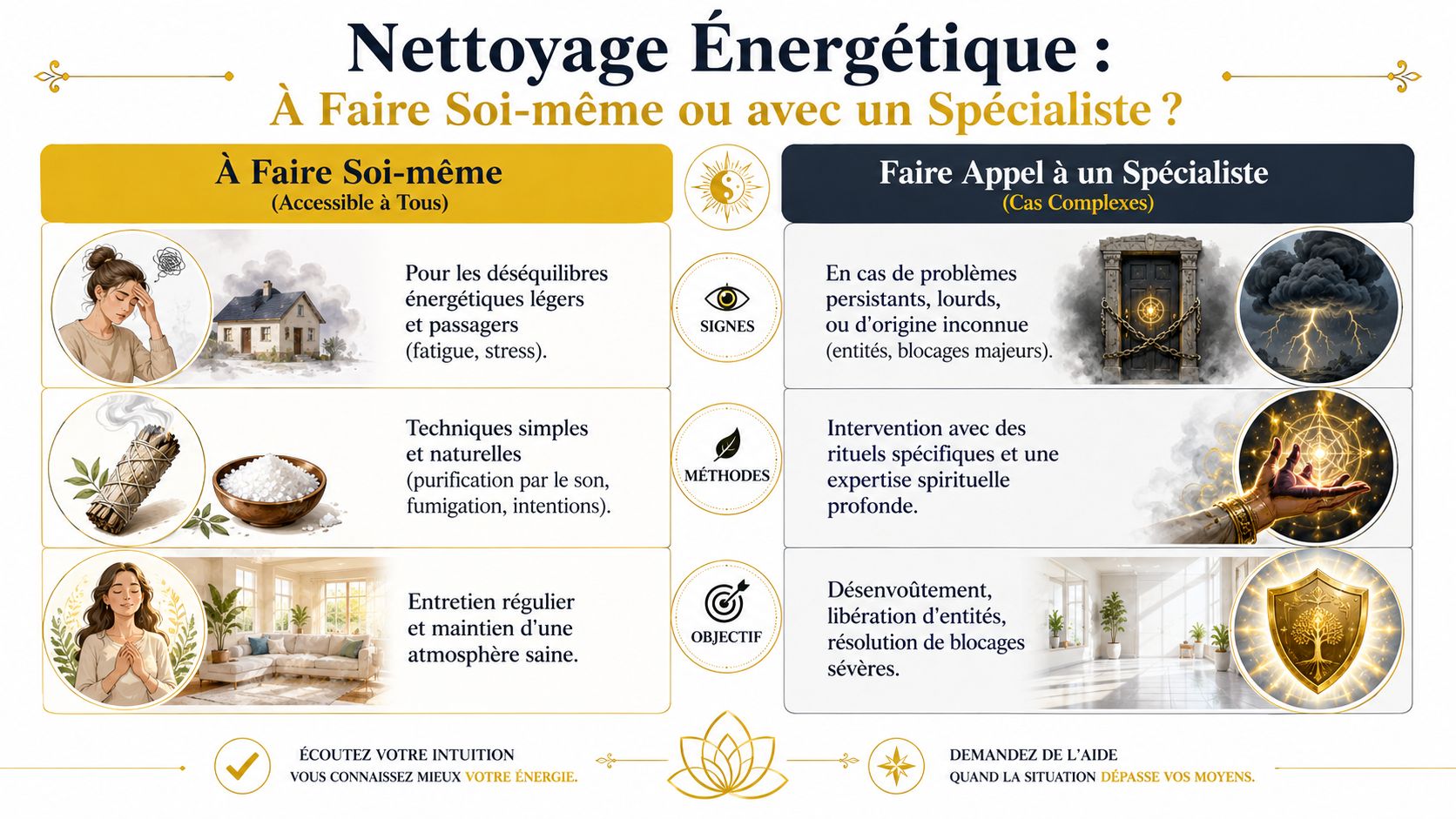 Nettoyage énergétique maison: le guide pour purifier son Infographie comparant le nettoyage énergétique à faire soi-même par rapport à l'intervention d'un spécialiste professionnel.