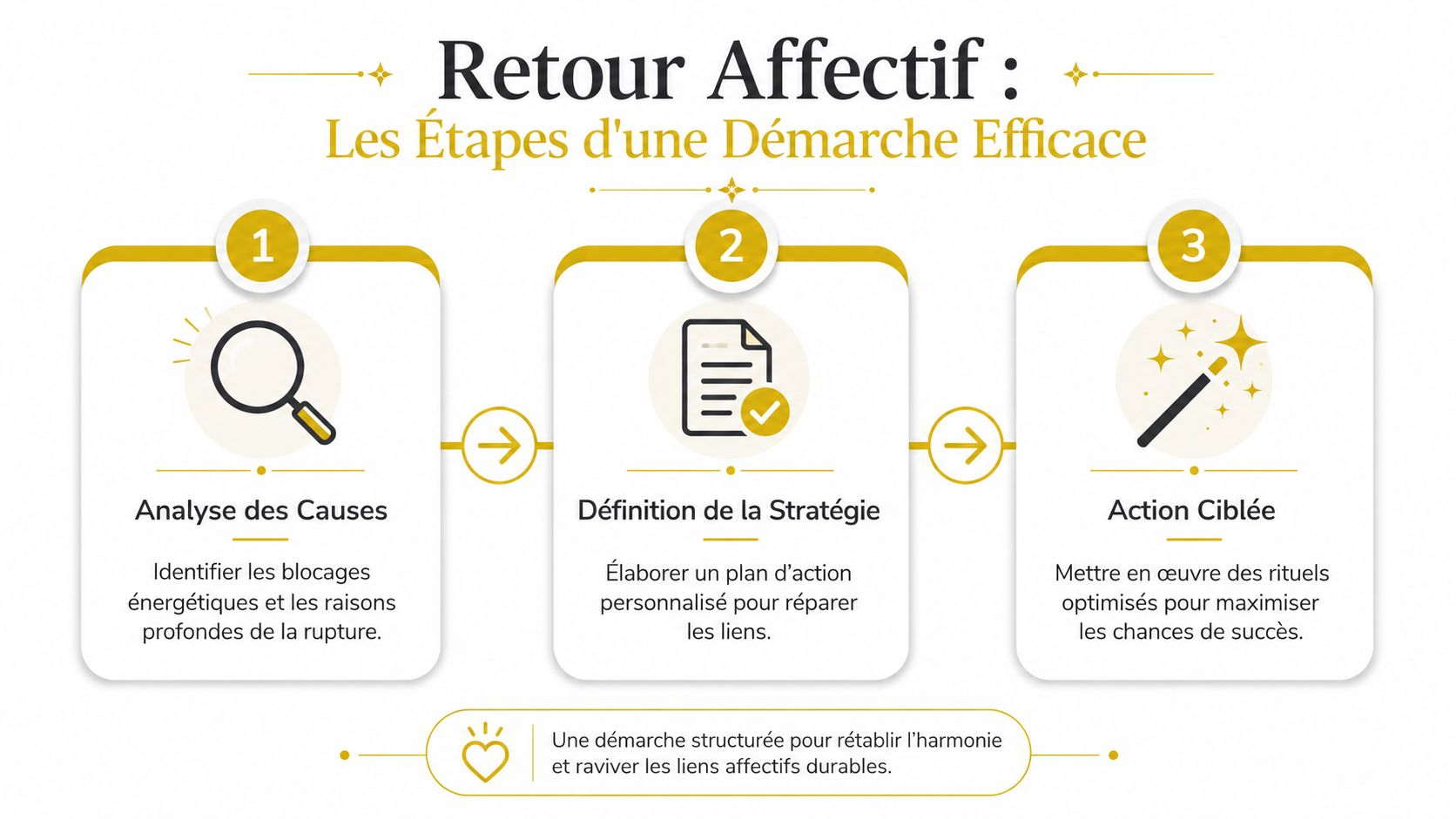 Une infographie montrant les trois étapes clés d'une démarche efficace pour un retour affectif réussi.