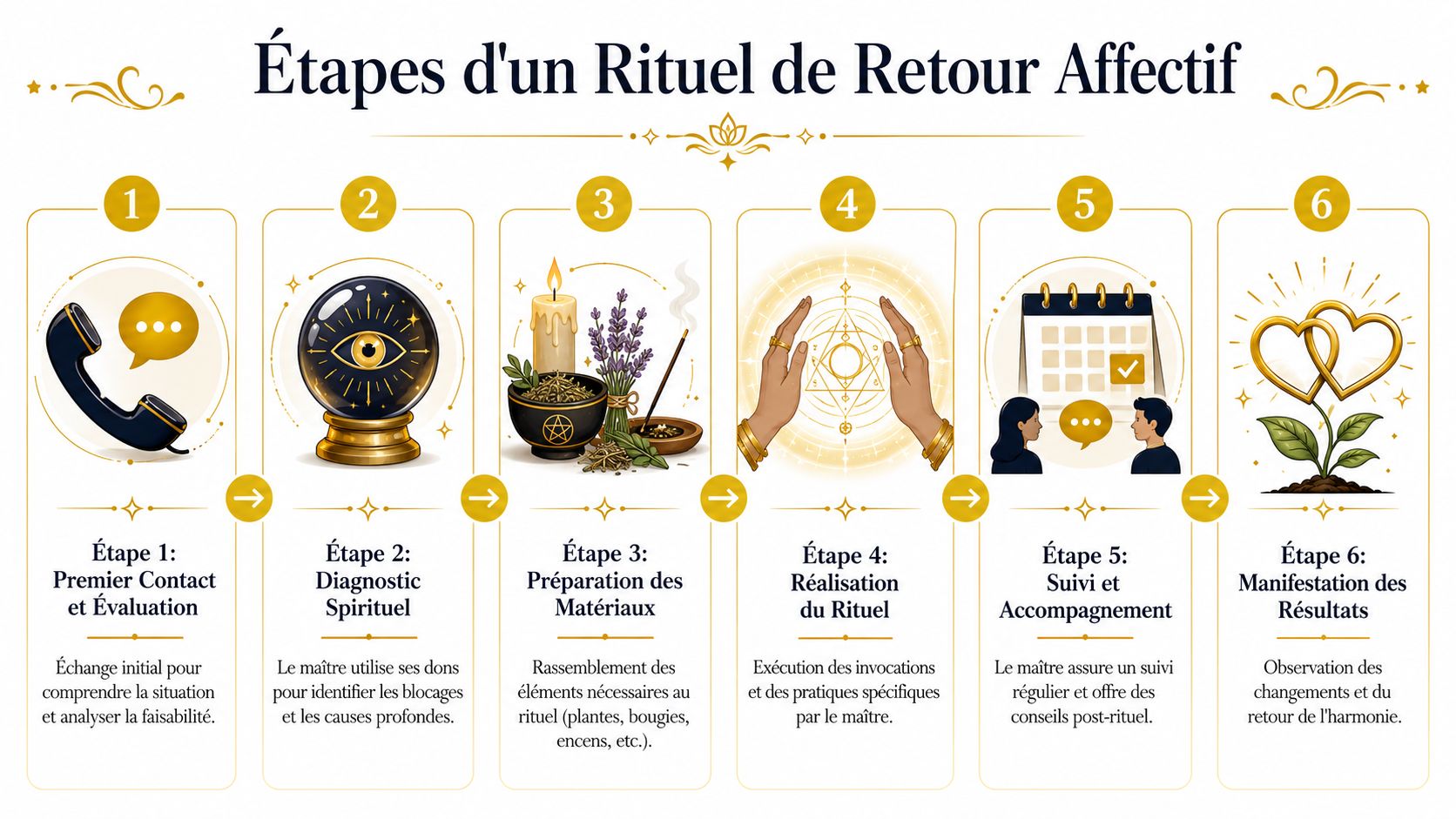 Infographie illustrant les six étapes essentielles du processus rituel de retour affectif par un marabout expérimenté.