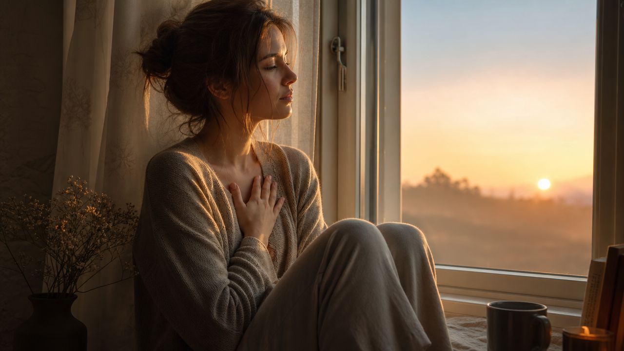 Une femme pensive assise près d'une fenêtre baignée par la lumière douce et dorée du lever du soleil.