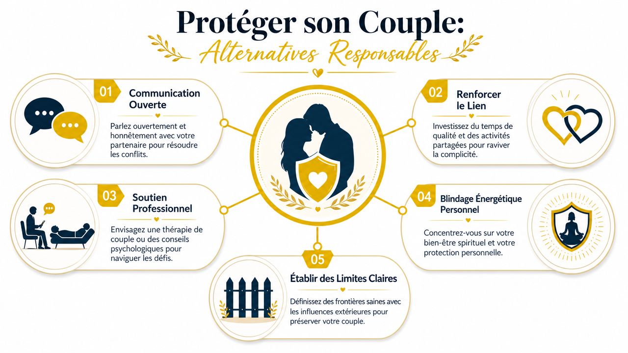 Une infographie montrant cinq conseils pour protéger son couple et renforcer une relation amoureuse durable.
