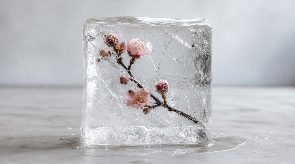 Une branche de fleurs printanières délicates est emprisonnée dans un grand bloc de glace transparent et givré.
