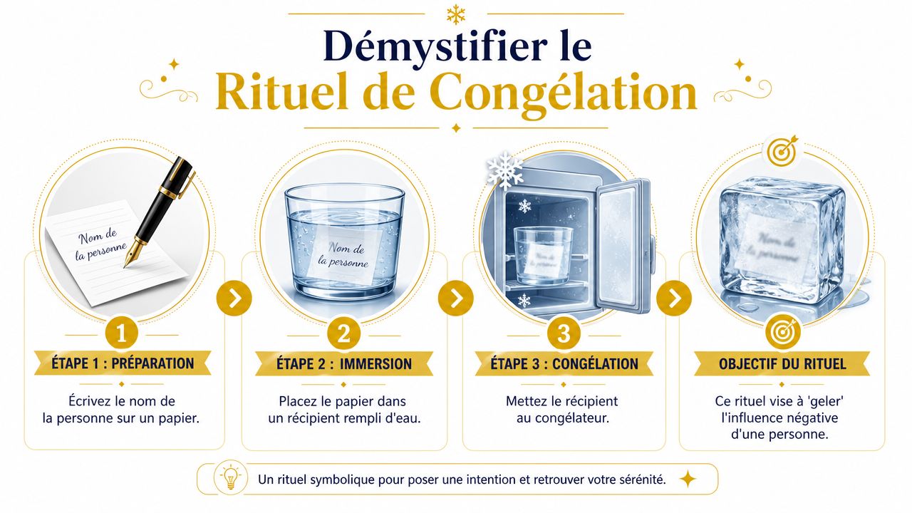 Infographie illustrant les trois étapes simples pour réaliser un rituel symbolique de congélation afin d'apaiser une relation.