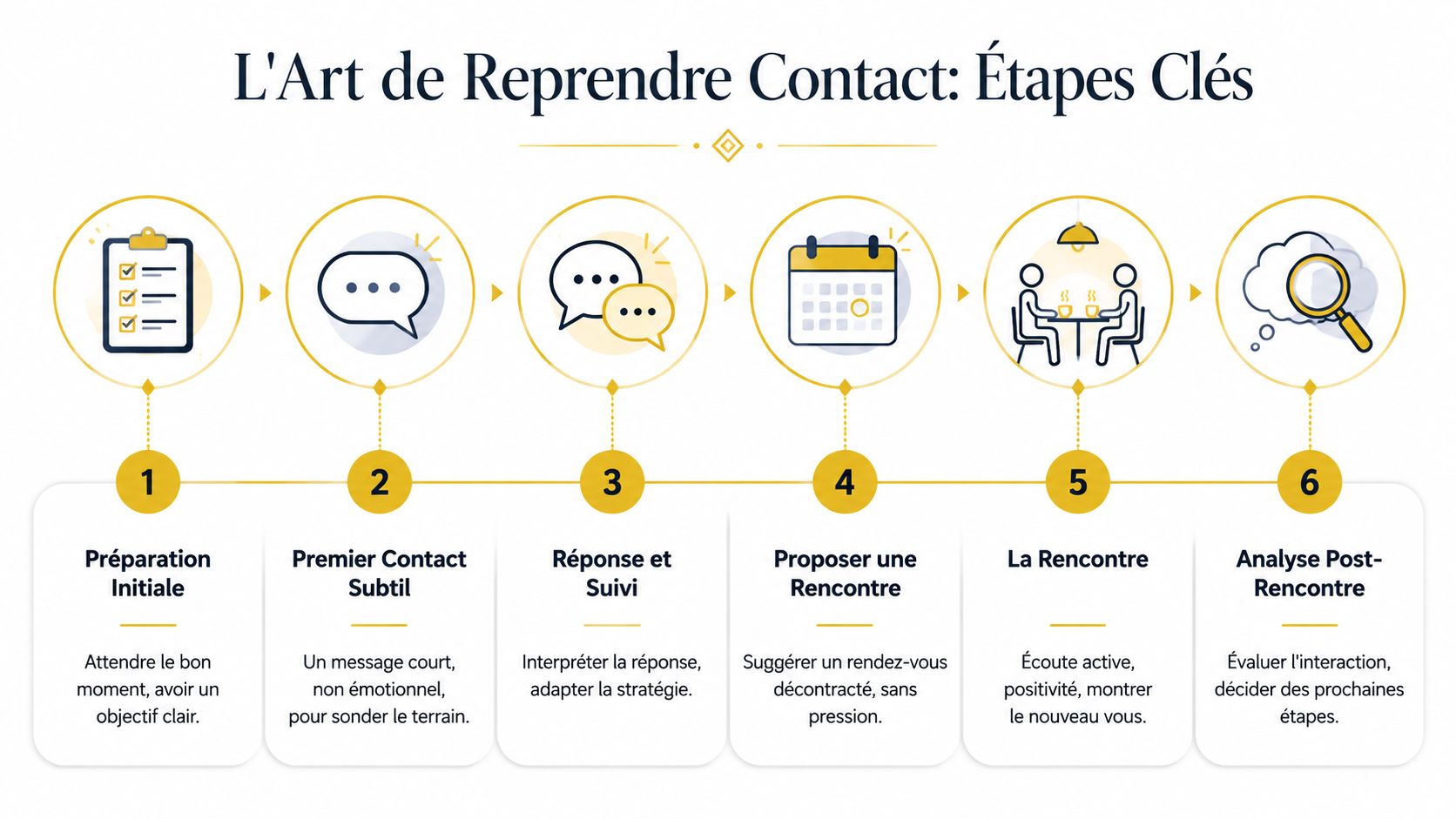 Infographie illustrant six étapes clés pour reprendre contact avec quelqu'un de manière stratégique et apaisée.
