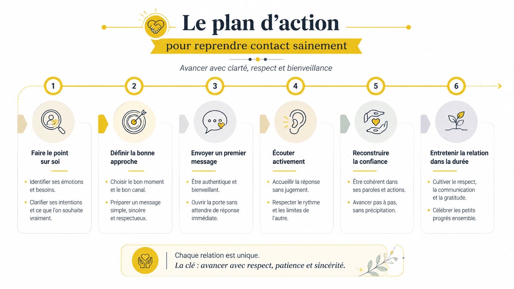 Reprendre son ex ou pas : le guide pour bien décider Une infographie détaillée illustrant un plan d'action en six étapes pour rétablir une communication saine dans une relation.