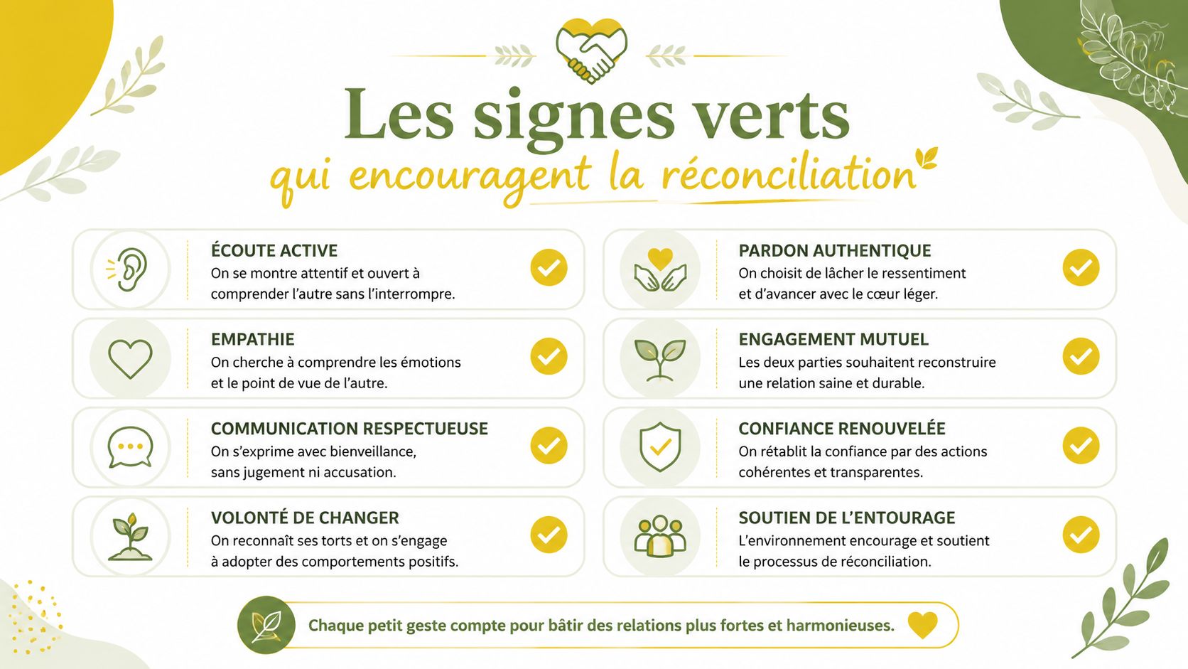 Reprendre son ex ou pas : le guide pour bien décider Une infographie sur les signes verts favorisant la réconciliation dans les relations personnelles et interpersonnelles.
