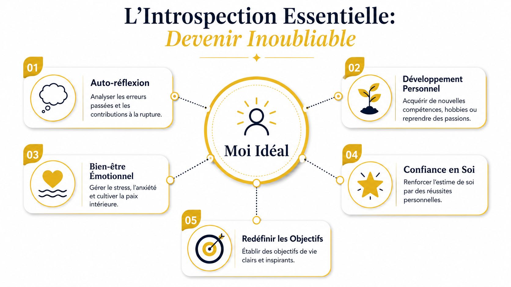 Un diagramme montrant cinq étapes pour le développement personnel afin de devenir la meilleure version de soi-même.