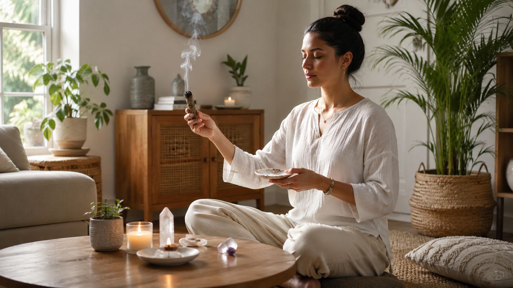 Nettoyage énergétique maison: le guide pour purifier son Une femme sereine pratiquant le nettoyage énergétique de sa maison avec de la sauge dans un salon lumineux.