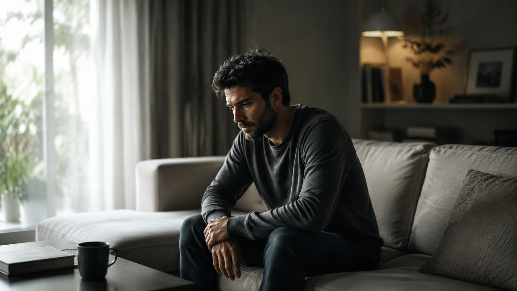 Nettoyage énergétique maison: le guide pour purifier son Un homme pensif et triste assis seul sur un canapé dans un salon sombre et calme.