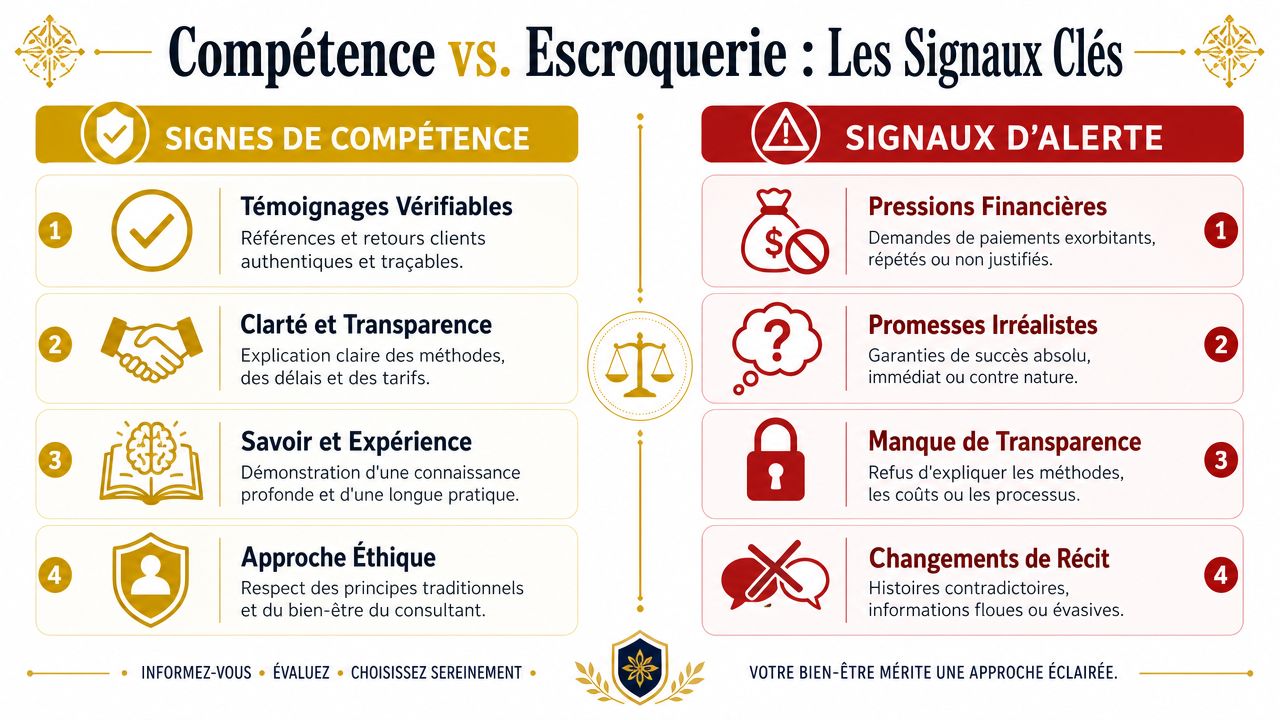 Comment trouver un vrai marabout : éviter les arnaques Infographie comparant les signes de compétence et les signaux d'alerte lors d'une consultation spirituelle ou professionnelle.