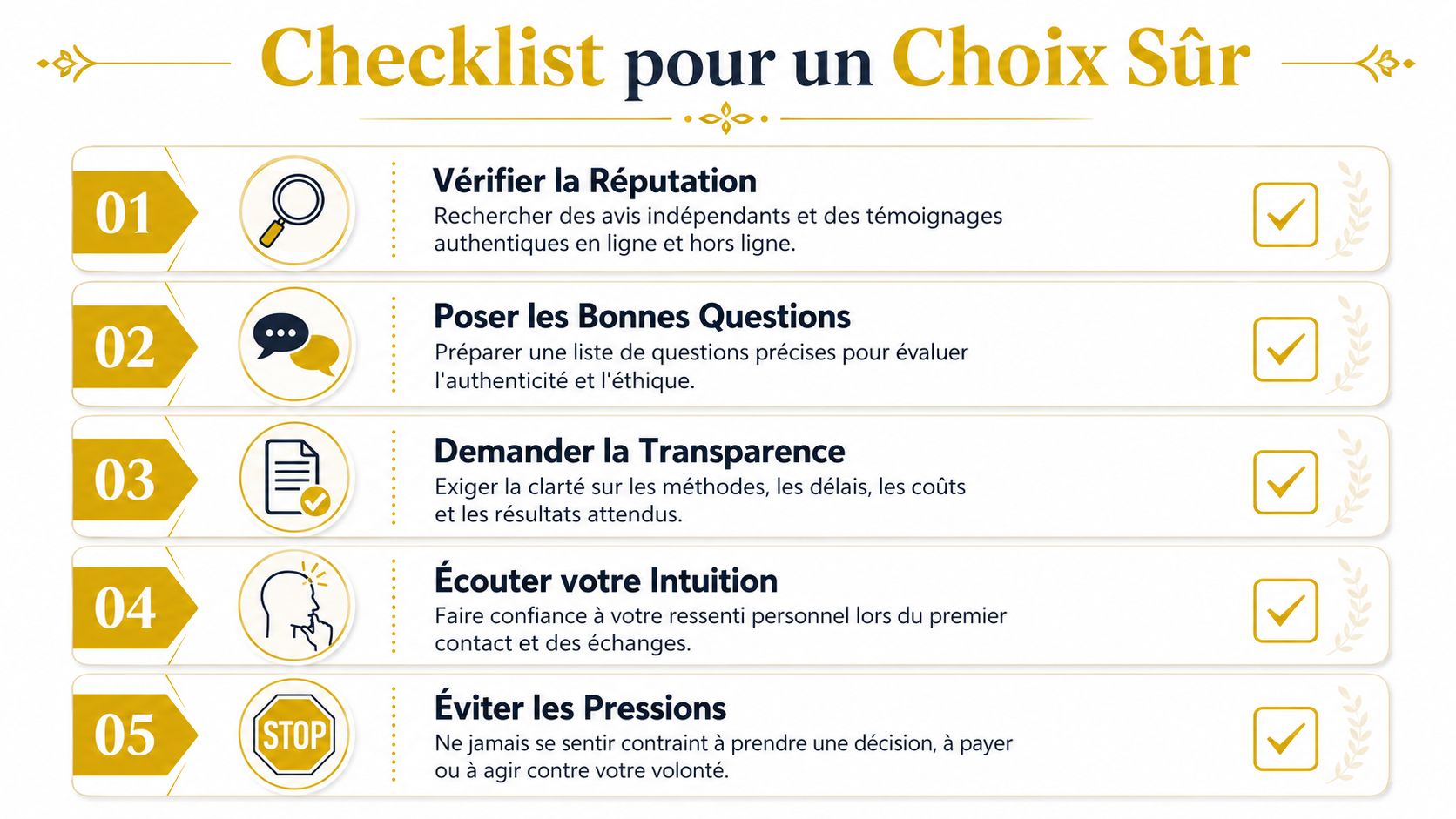 Comment trouver un vrai marabout : éviter les arnaques Une checklist pour effectuer un choix sûr, présentée en cinq étapes avec des conseils de vérification.