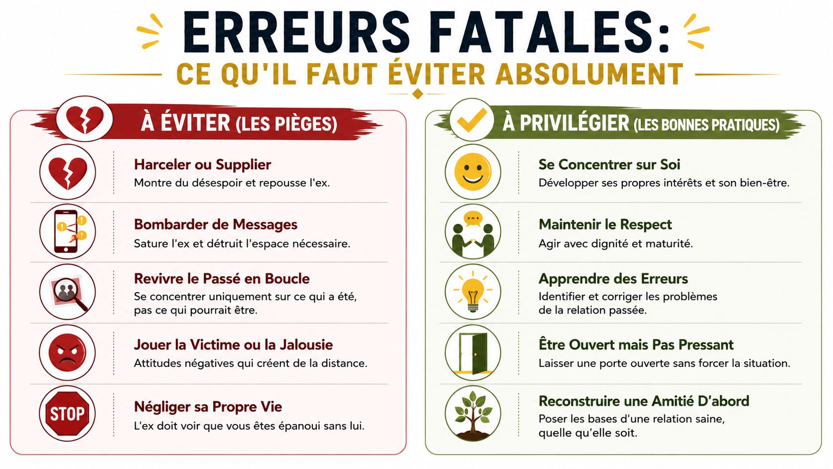 Une infographie comparant les erreurs fatales à éviter et les bonnes pratiques pour reconquérir son ex.