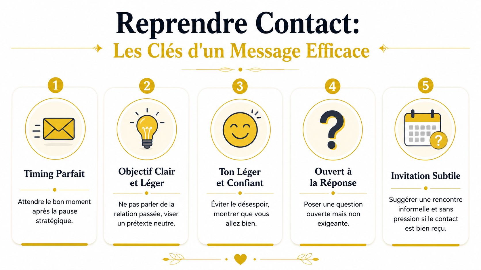 Infographie illustrant cinq conseils essentiels pour recontacter un ex partenaire avec un message efficace et positif.