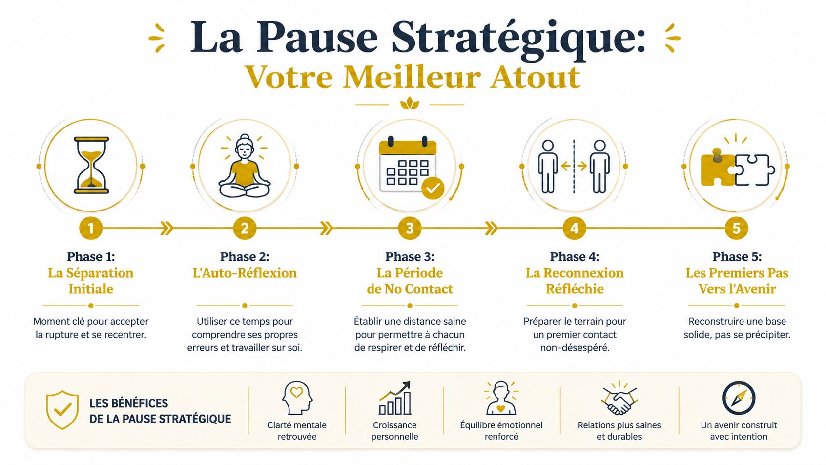Infographie illustrant les cinq étapes de la pause stratégique pour une reconquête amoureuse et le développement personnel.