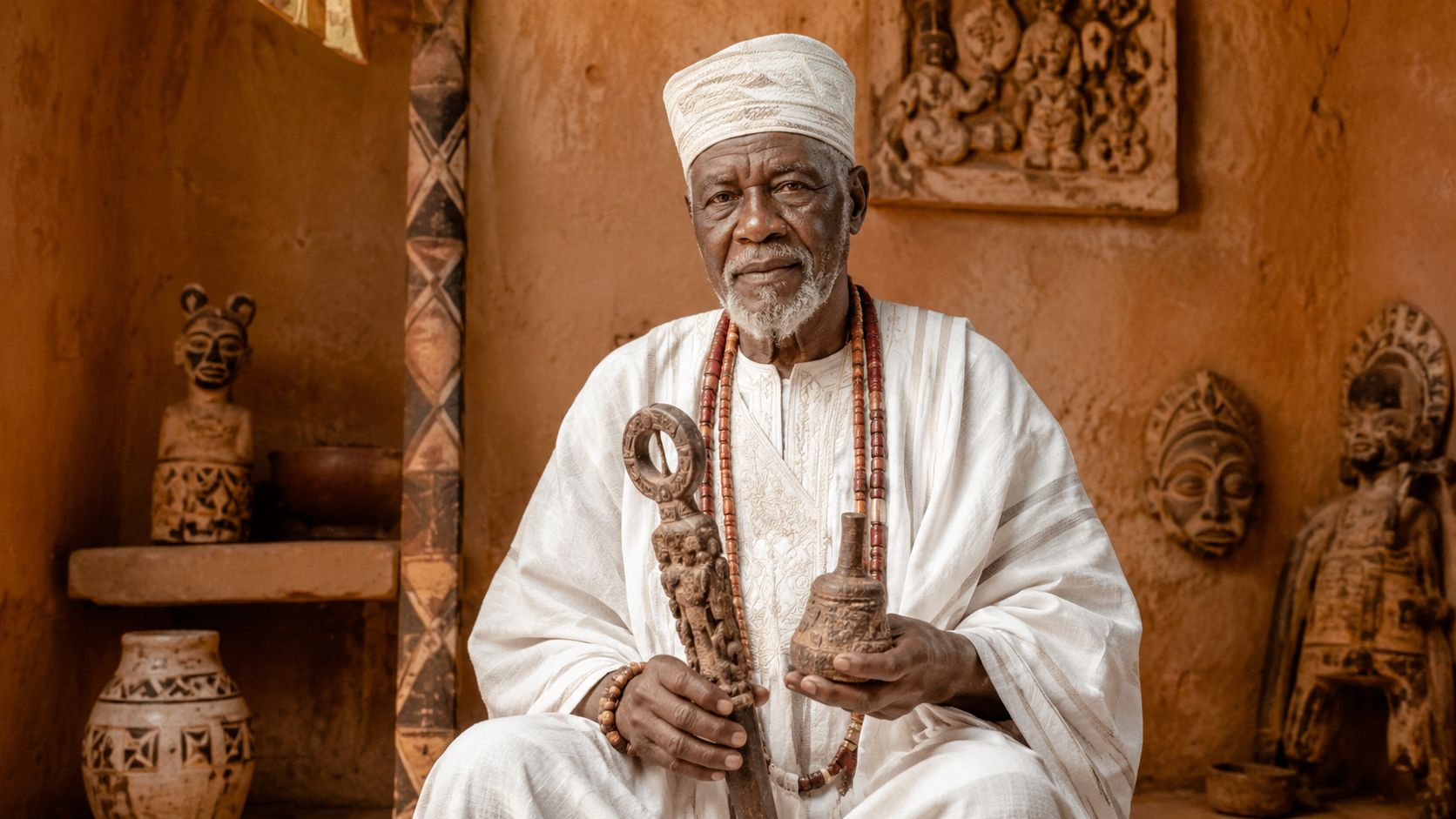 Un homme âgé africain vêtu de blanc portant des objets rituels traditionnels dans un environnement sacré et culturel.