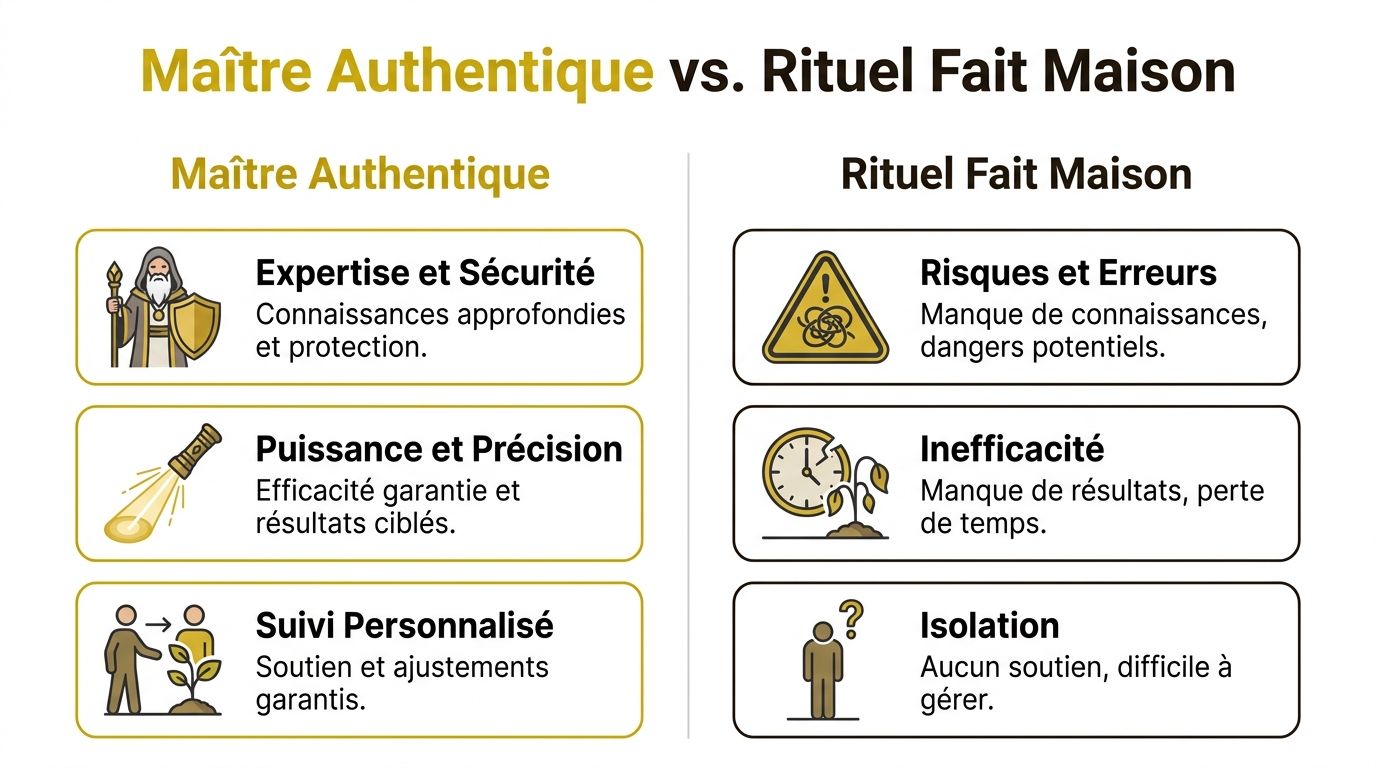 Comparaison entre l'expertise d'un maître authentique et les risques associés aux rituels faits maison.