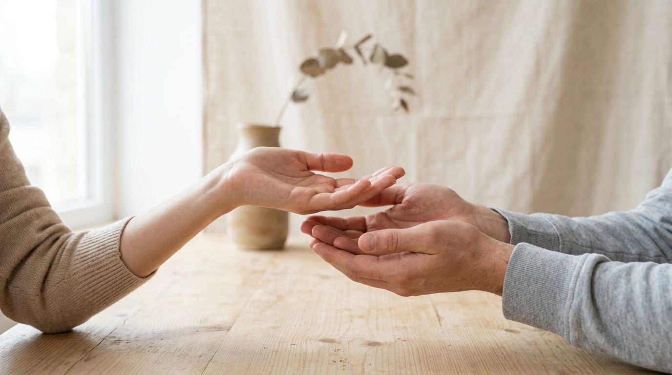 Deux personnes se tiennent les mains au-dessus d'une table en bois dans une atmosphère douce et apaisante.