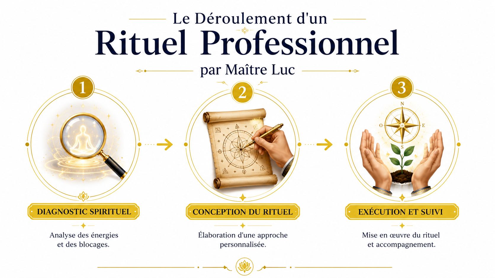 Infographie illustrant le déroulement en trois étapes d'un rituel professionnel spirituel par Maître Luc.