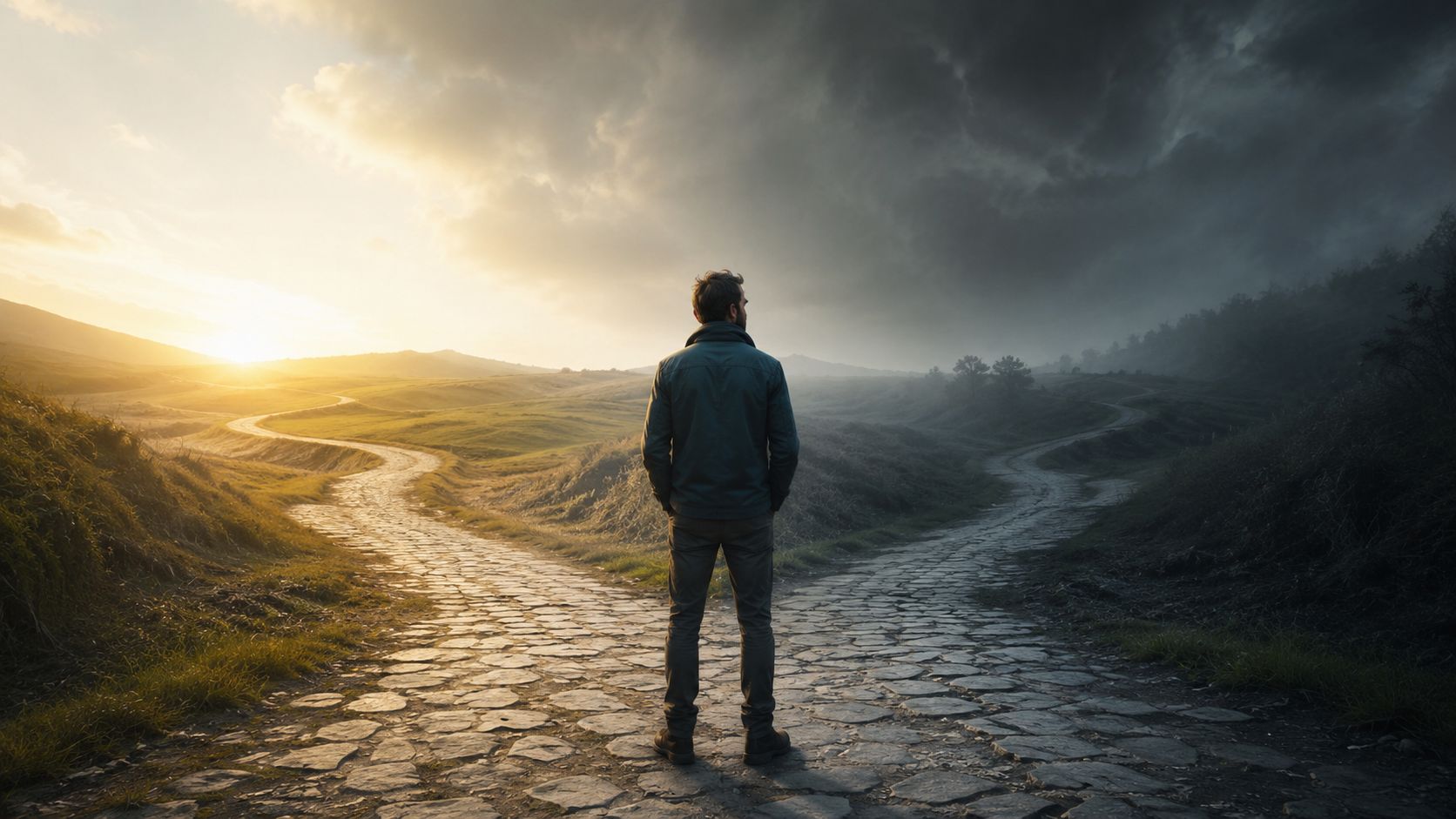 Un homme debout à un croisement, choisissant entre un chemin lumineux ensoleillé et un chemin sombre.