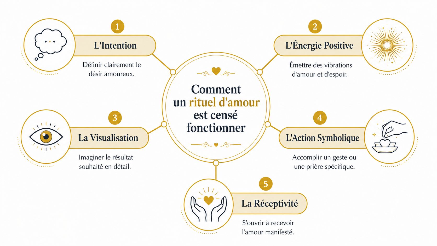 Schéma explicatif en cinq étapes sur le fonctionnement spirituel d'un rituel d'amour pour attirer les sentiments.