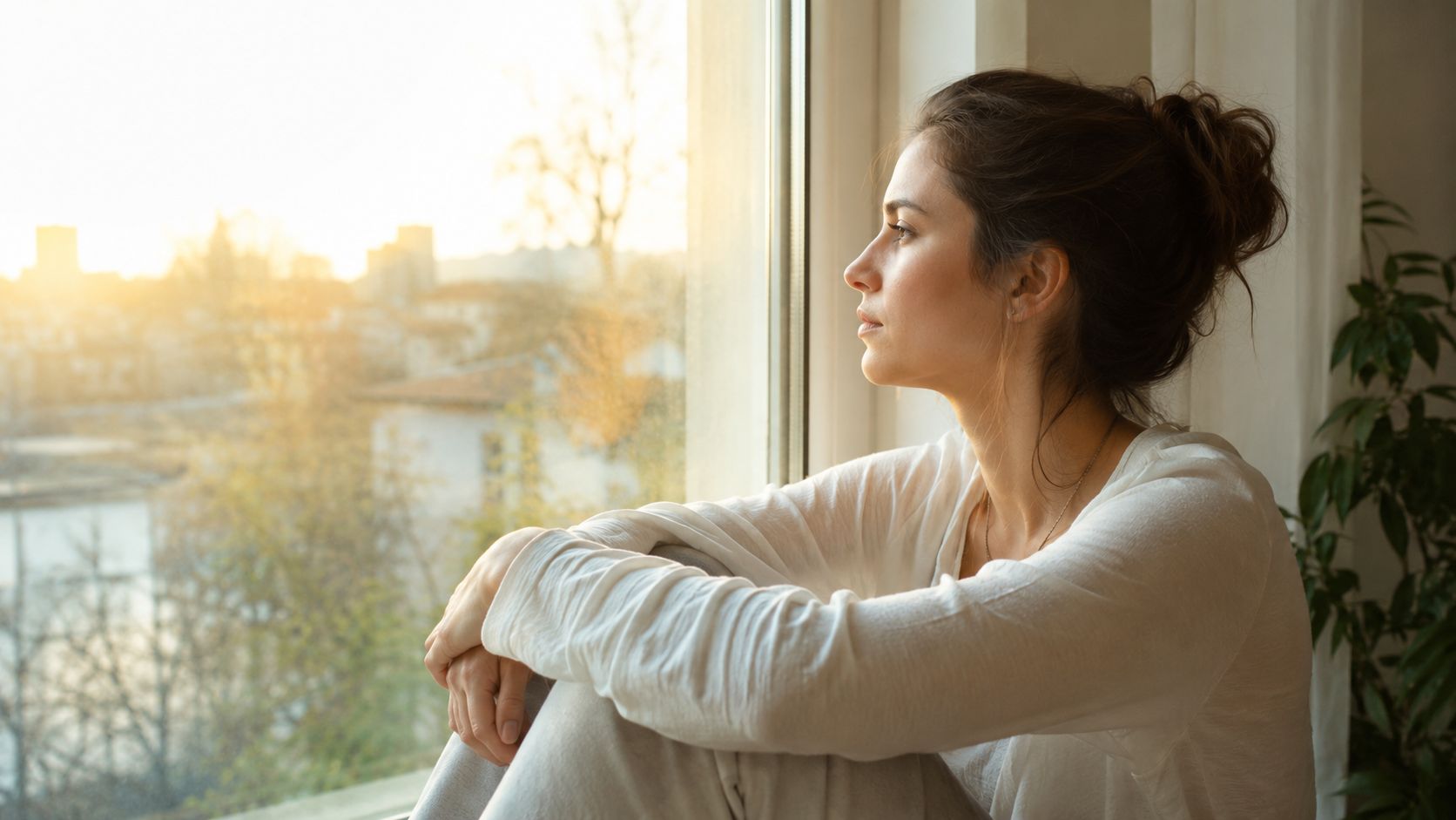 Une jeune femme pensive regarde par la fenêtre le coucher de soleil sur la ville au crépuscule.
