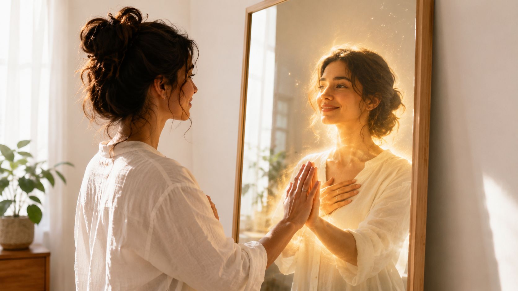 Une jeune femme se regarde dans un miroir avec une réflexion lumineuse et inspirante d'elle-même.