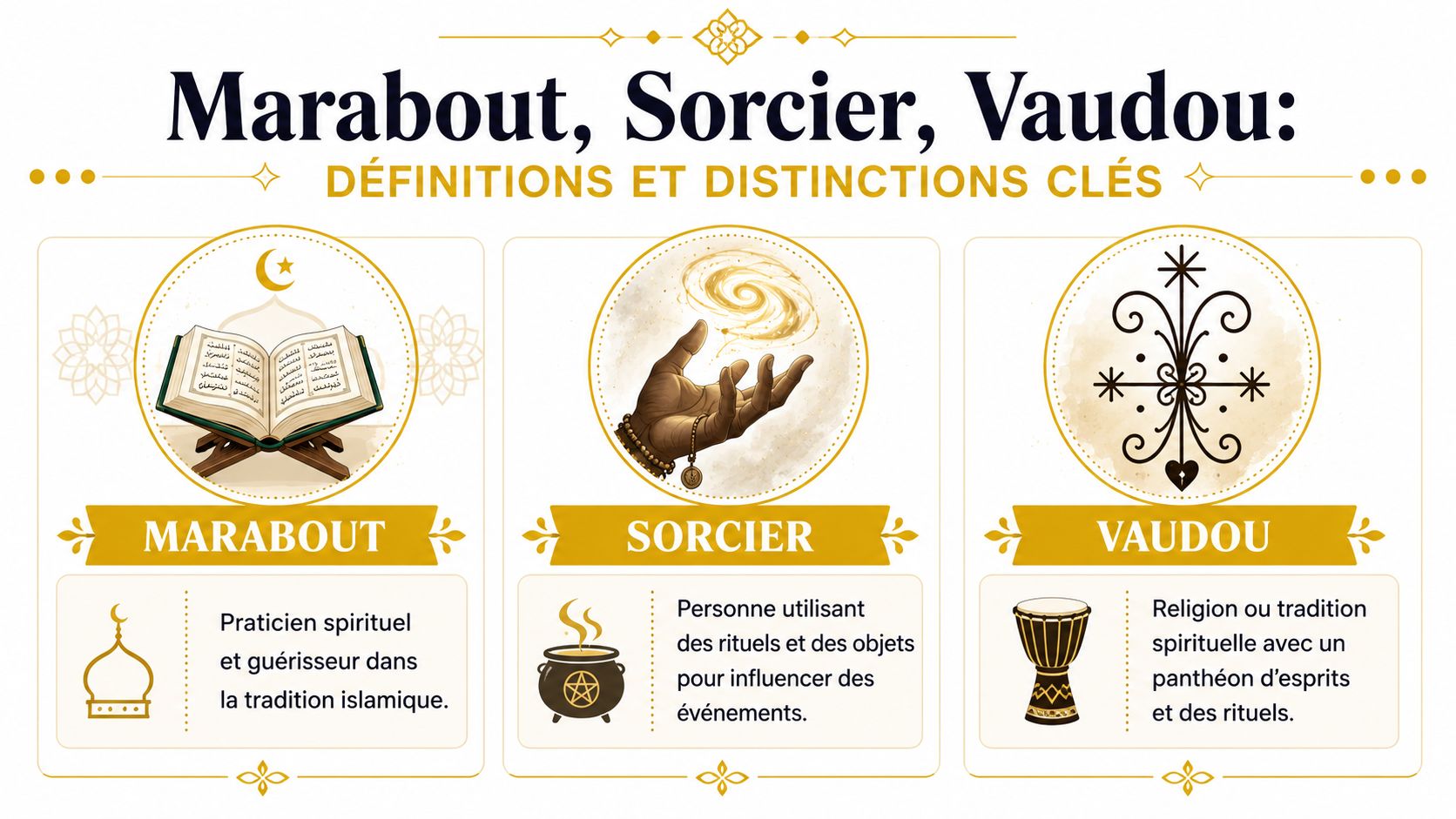 Infographie illustrant les définitions et distinctions entre le marabout, le sorcier et le vaudou avec des icônes.