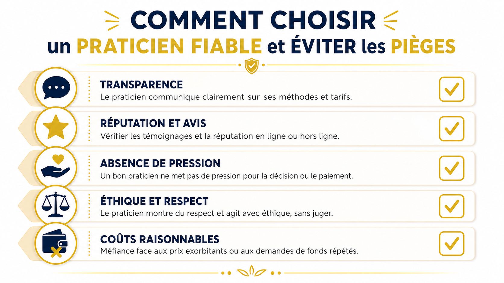 Infographie présentant cinq critères essentiels pour choisir un praticien fiable et éviter les pièges courants.