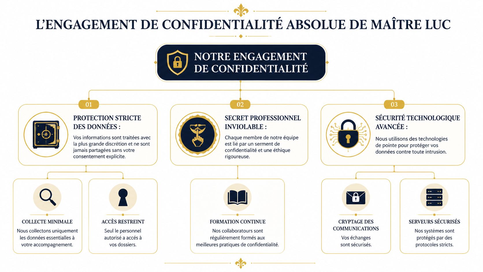 Infographie détaillant les engagements de confidentialité de Maître Luc concernant la protection, le secret et la sécurité.