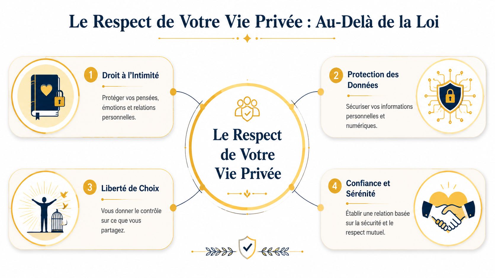 Infographie illustrant les quatre piliers du respect de la vie privée, incluant l'intimité, les données et la liberté.
