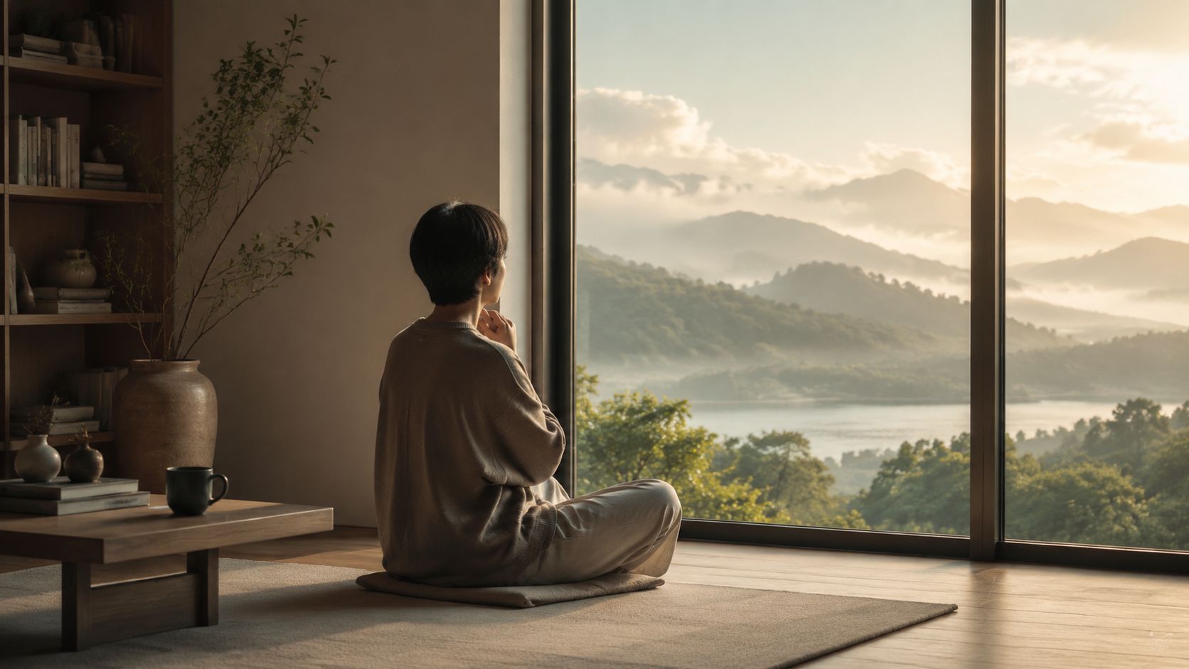 Une personne assise paisiblement en méditation dans un salon minimaliste face à une vue panoramique sur la nature.