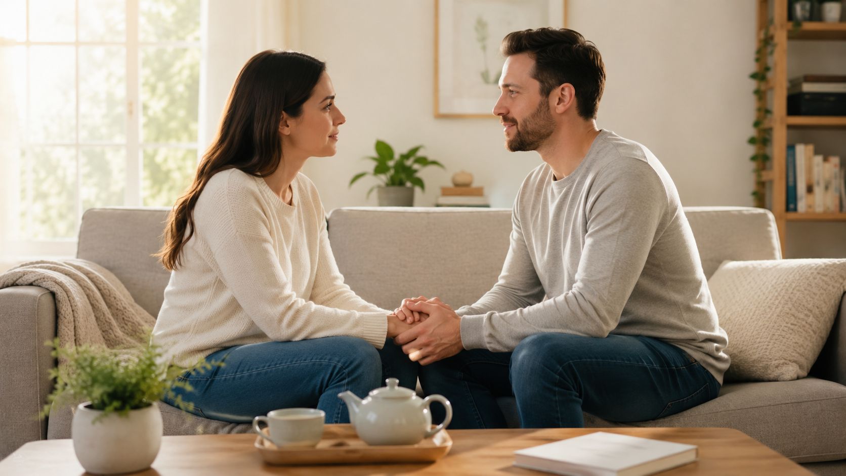 Un couple amoureux se tient la main avec tendresse tout en discutant assis confortablement sur un canapé.