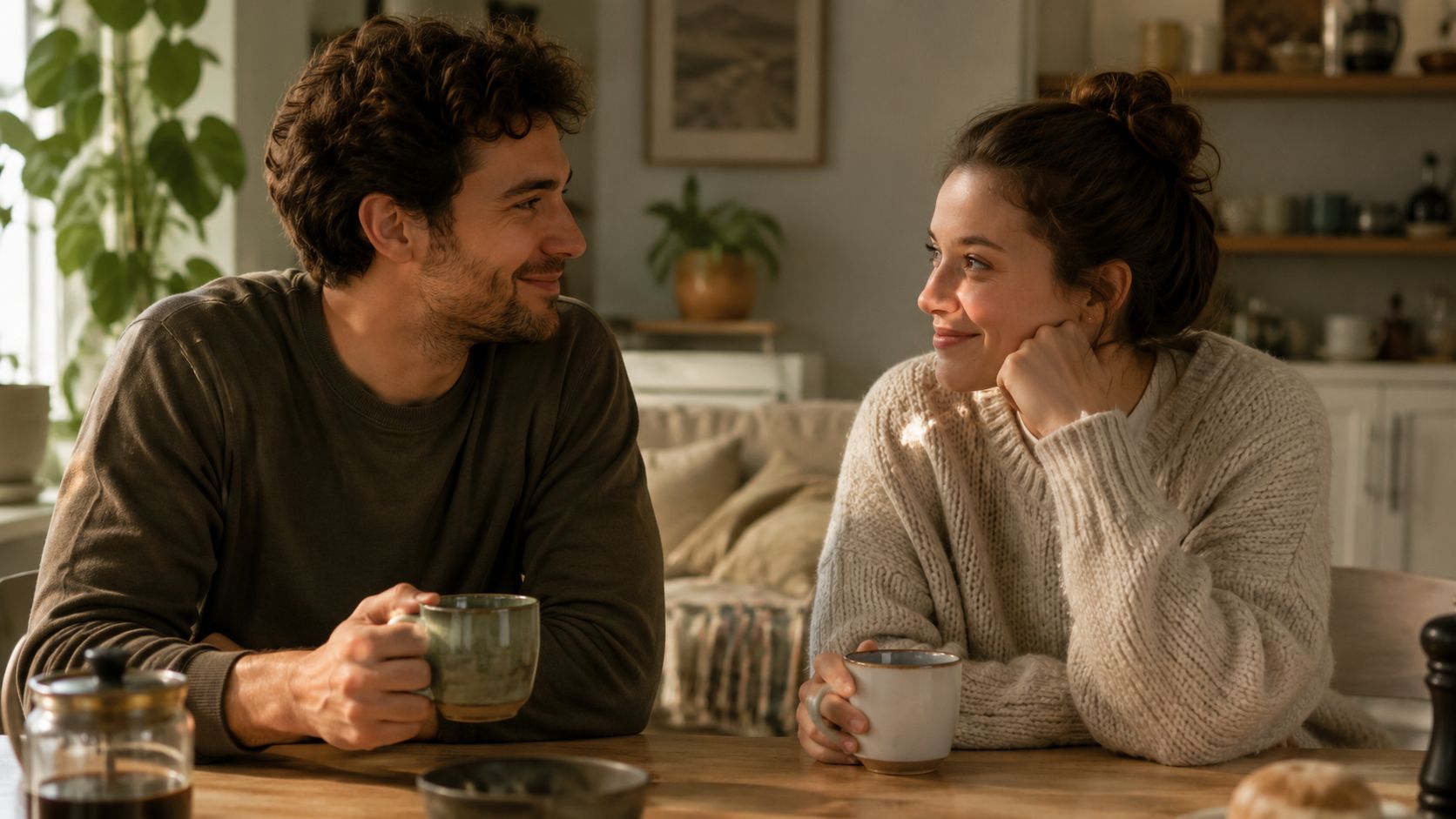 Un jeune couple amoureux partage un moment intime et chaleureux en buvant du café ensemble à la maison.