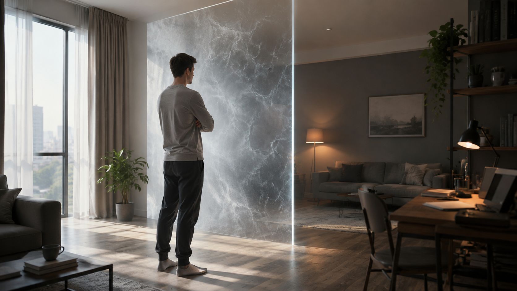 Un homme pensif debout devant une paroi de séparation en marbre dans un appartement moderne et lumineux.