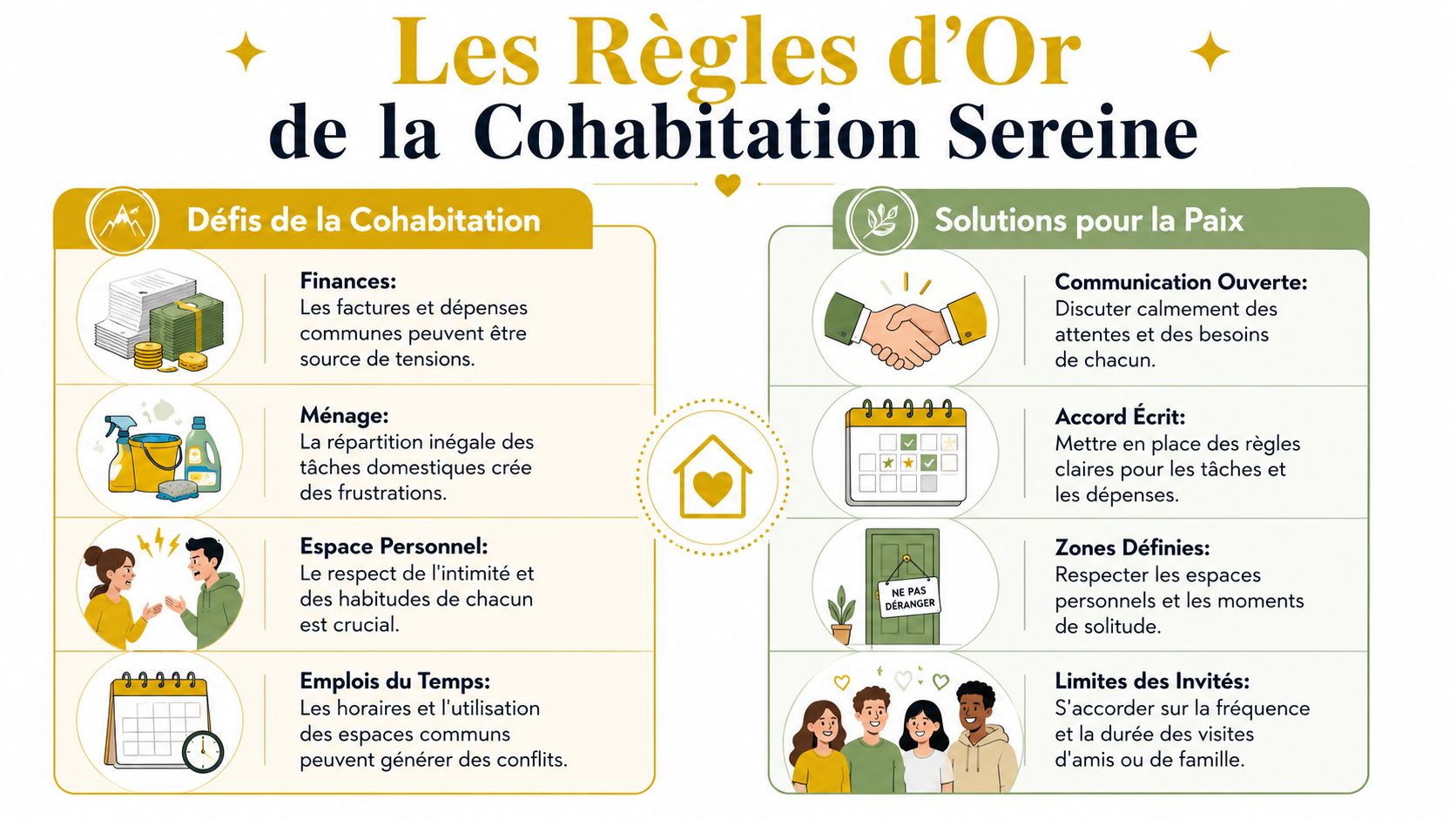 Une infographie sur les règles d'or pour maintenir une cohabitation sereine, incluant des défis et des solutions.
